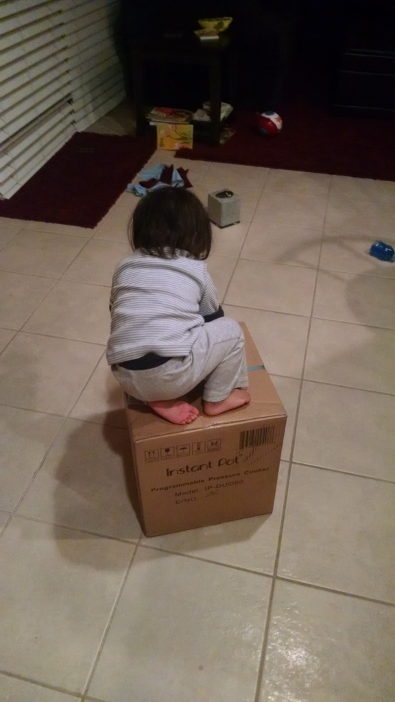 Toddler S practices his gross motor skills on the Instant Pot box Instant Pot unboxing with Toddler S