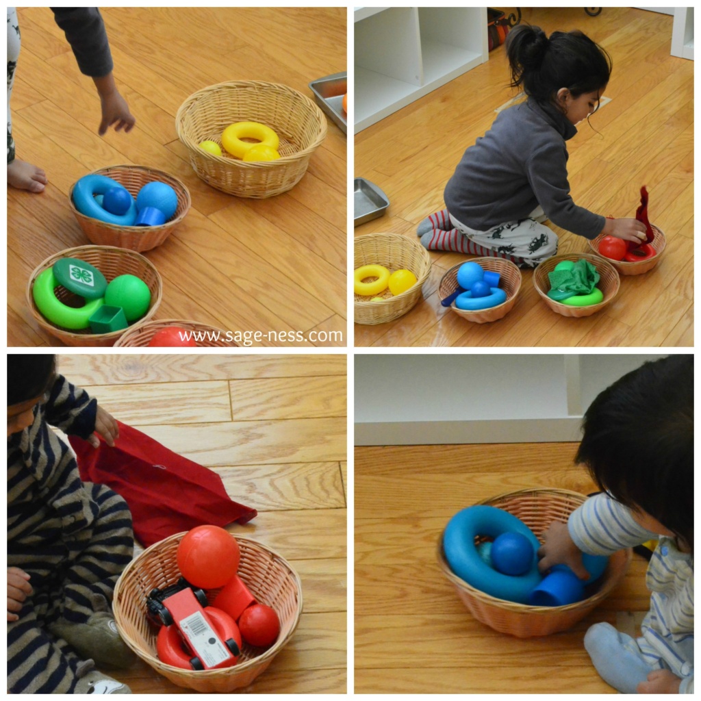 Color themed Montessori Inspired discovery baskets for the twin babies Montessori Inspired Discovery Baskets for Babies 6 to 12 months old