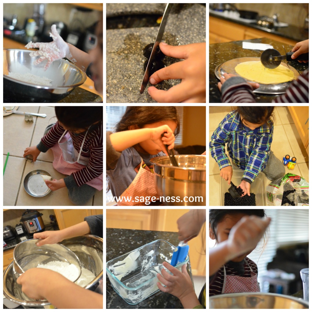 Toddler S's Montessori practical life & sensorial work in the kitchen Montessori Inspired Kitchen Work for 3 year olds - cutting, mixing, spreading, kneading