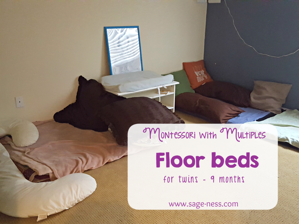 Our current Montessori floor bed setup for the twins