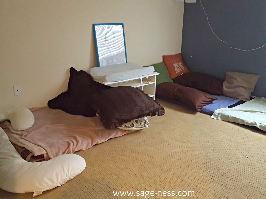 Our current Montessori floor bed setup for the twins
