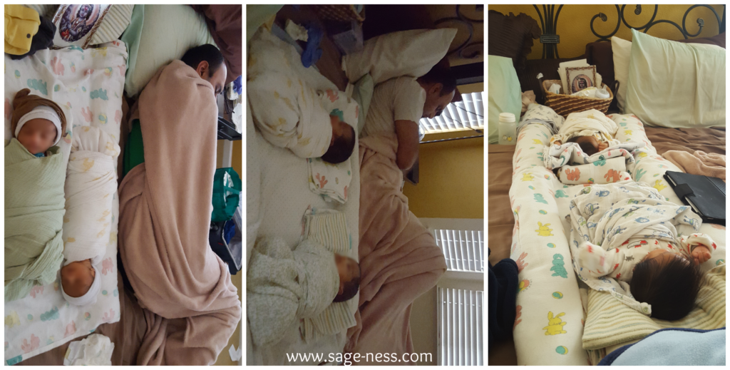 Twins co-sleeping on a cal-king bed during the newborn months