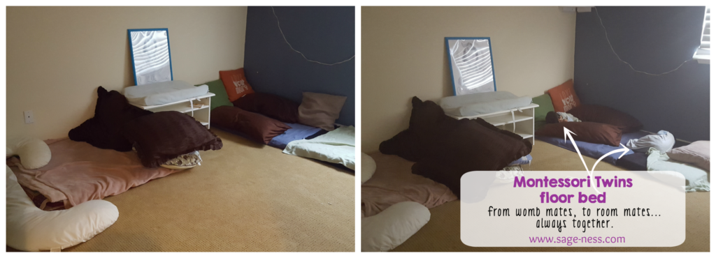 Our current Montessori floor bed setup for the twins